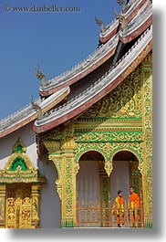 asia, asian, colors, laos, luang prabang, men, monks, oranges, palace, people, temples, two, vertical, photograph