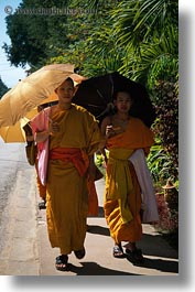 asia, asian, colors, laos, luang prabang, men, monks, oranges, people, two, umbrellas, vertical, photograph