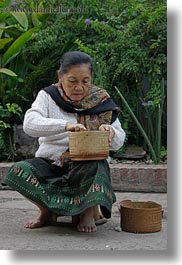 asia, asian, baskets, laos, luang prabang, old, people, rice, vertical, womens, photograph