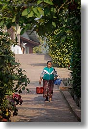 asia, buckets, carrying, laos, luang prabang, people, trees, vertical, womens, photograph