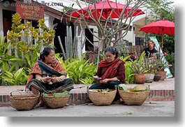asia, asian, baskets, foods, horizontal, laos, luang prabang, old, people, selling food, womens, photograph