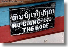 asia, cambodian, horizontal, language, laos, luang prabang, no going, roofs, signs, photograph