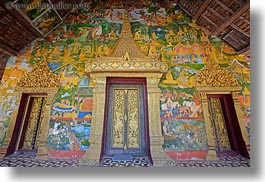 apsara, asia, buddhist, doors, horizontal, laos, luang prabang, ornate, religious, wat choumkhong, photograph