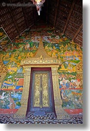 apsara, asia, buddhist, doors, laos, luang prabang, ornate, religious, vertical, wat choumkhong, photograph