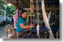 asia, emotions, fabrics, horizontal, laos, luang prabang, smiles, weaving, weaving village, womens, photograph