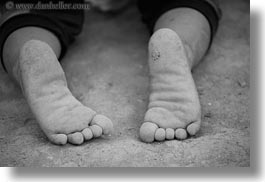 asia, black and white, dirty, feet, hmong, horizontal, laos, toddlers, villages, photograph