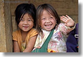 asia, asian, childrens, girls, hmong, horizontal, laos, people, threes, villages, photograph