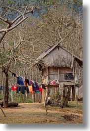 asia, hangings, hmong, huts, laos, laundry, thatched, vertical, villages, photograph