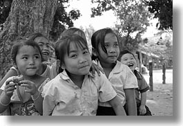 asia, asian, black and white, emotions, girls, groups, horizontal, laos, people, river village, smiles, villages, photograph