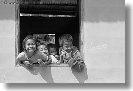 asia, asian, black and white, childrens, emotions, horizontal, laos, laugh, people, playing, river village, smiles, villages, windows, photograph