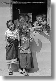 asia, asian, black and white, childrens, emotions, laos, laugh, people, playing, river village, smiles, vertical, villages, windows, photograph