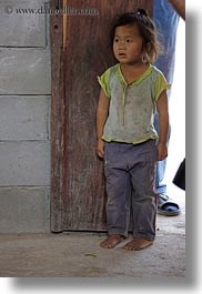 asia, asian, doors, girls, laos, people, poverty, river village, toddlers, vertical, villages, photograph