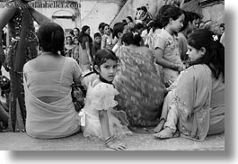 asia, backs, black and white, girls, horizontal, kathmandu, looking, nepal, pashupatinath, womens, photograph