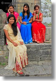 asia, emotions, girls, hindu, kathmandu, nepal, pashupatinath, people, religious, sindoor, smiles, stairs, teenagers, tikka, vertical, womens, photograph
