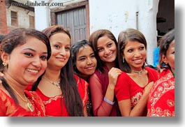 asia, bindi, earrings, emotions, girls, groups, horizontal, jewelry, kathmandu, nepal, pashupatinath, people, smiles, stud, teenagers, womens, photograph