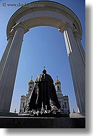 asia, black, buildings, cathedral of christ, churches, marble, materials, moscow, perspective, pillars, russia, statues, structures, upview, vertical, photograph