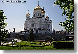 asia, buildings, cathedral of christ, churches, horizontal, landmarks, marble, materials, moscow, nature, onion dome, plants, religious, russia, structures, trees, photograph