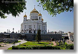 asia, buildings, cathedral of christ, churches, horizontal, landmarks, marble, materials, moscow, nature, onion dome, plants, religious, russia, structures, trees, photograph