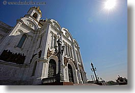 asia, buildings, cathedral of christ, church of christ, churches, horizontal, landmarks, marble, materials, moscow, nature, perspective, russia, sky, sun, upview, photograph