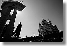 asia, black and white, buildings, cathedral of christ, churches, horizontal, landmarks, marble, materials, moscow, perspective, russia, statues, upview, photograph