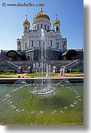 asia, buildings, cathedral of christ, churches, fountains, moscow, onion dome, religious, russia, structures, vertical, water, photograph