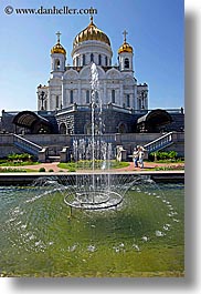 asia, buildings, cathedral of christ, churches, fountains, moscow, onion dome, religious, russia, structures, vertical, water, photograph