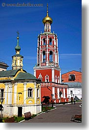 asia, bell towers, buildings, churches, monestaries, moscow, onion dome, red, religious, russia, structures, vertical, yellow, photograph