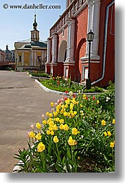 asia, buildings, churches, flowers, monestaries, moscow, nature, onion dome, religious, russia, structures, tulips, vertical, yellow, photograph