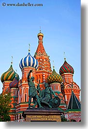 arts, asia, bronze, buildings, churches, colorful, colors, dmitry, kuzma, landmarks, materials, minin, moscow, onion dome, pokrovskiy, pozharsky, religious, russia, st basil cathedral, st. basil, statues, structures, vertical, photograph