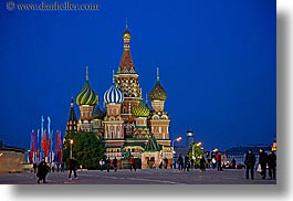 asia, buildings, churches, colorful, colors, horizontal, landmarks, moscow, nite, onion dome, pedestrians, people, pokrovskiy, religious, russia, st basil, st basil cathedral, st. basil, structures, photograph
