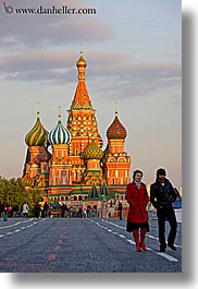 asia, buildings, churches, colorful, colors, couples, landmarks, moscow, nature, onion dome, pedestrians, people, pokrovskiy, religious, russia, sky, st basil, st basil cathedral, st. basil, structures, sun, sunsets, vertical, photograph