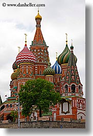asia, buildings, churches, colorful, colors, landmarks, moscow, onion dome, pokrovskiy, religious, russia, st basil, st basil cathedral, st. basil, structures, trees, vertical, photograph
