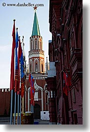 asia, buildings, flags, kremlin, moscow, nikolskaya, russia, towers, vertical, photograph
