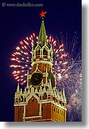 asia, buildings, fireworks, kremlin, landmarks, moscow, russia, savior, towers, vertical, photograph