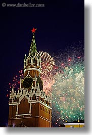 asia, buildings, fireworks, kremlin, landmarks, moscow, russia, savior, towers, vertical, photograph