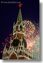 asia, buildings, fireworks, kremlin, landmarks, moscow, russia, savior, towers, vertical, photograph