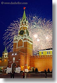 asia, buildings, fireworks, kremlin, landmarks, moscow, russia, savior, towers, vertical, photograph