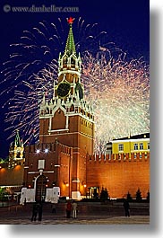 asia, buildings, fireworks, kremlin, landmarks, moscow, russia, savior, towers, vertical, photograph