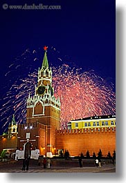 asia, buildings, fireworks, kremlin, landmarks, moscow, russia, savior, towers, vertical, photograph