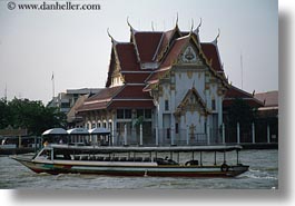 asia, bangkok, boats, horizontal, river bank, temples, thailand, photograph