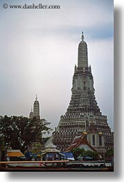 asia, bangkok, buddhist, river bank, thailand, towers, vertical, photograph