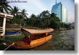 asia, bangkok, boats, glasses, horizontal, river bank, rivers, thailand, towers, photograph