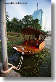 asia, bangkok, boats, glasses, river bank, rivers, thailand, towers, vertical, photograph