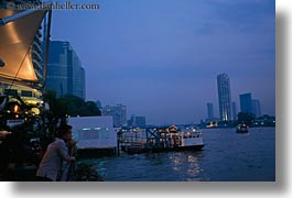 asia, bangkok, boats, buildings, horizontal, nite, river bank, rivers, thailand, photograph