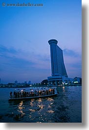 asia, bangkok, boats, buildings, nite, river bank, rivers, thailand, vertical, photograph