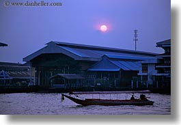 asia, bangkok, boats, horizontal, river bank, rivers, sunsets, thailand, photograph