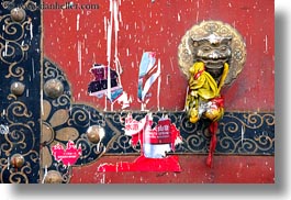 asia, asian, colors, doors, dragons, horizontal, knockers, lhasa, painted, red, style, tibet, photograph