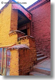 asia, awnings, bricks, doors, ganden monastery, lhasa, stairs, tibet, vertical, photograph