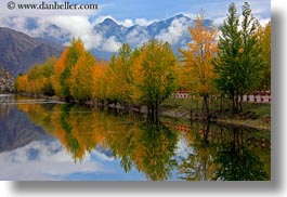 asia, fog, foliage, horizontal, lakes, landscapes, lhasa, mountains, nature, reflections, tibet, trees, water, photograph