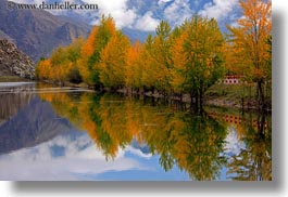 asia, fog, foliage, horizontal, lakes, landscapes, lhasa, mountains, nature, reflections, tibet, trees, water, photograph